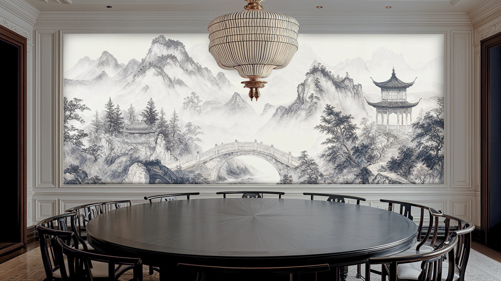 Chinese Landscape Ink Wash Wallpaper, Oriental Mountain Bridge Wall Mural