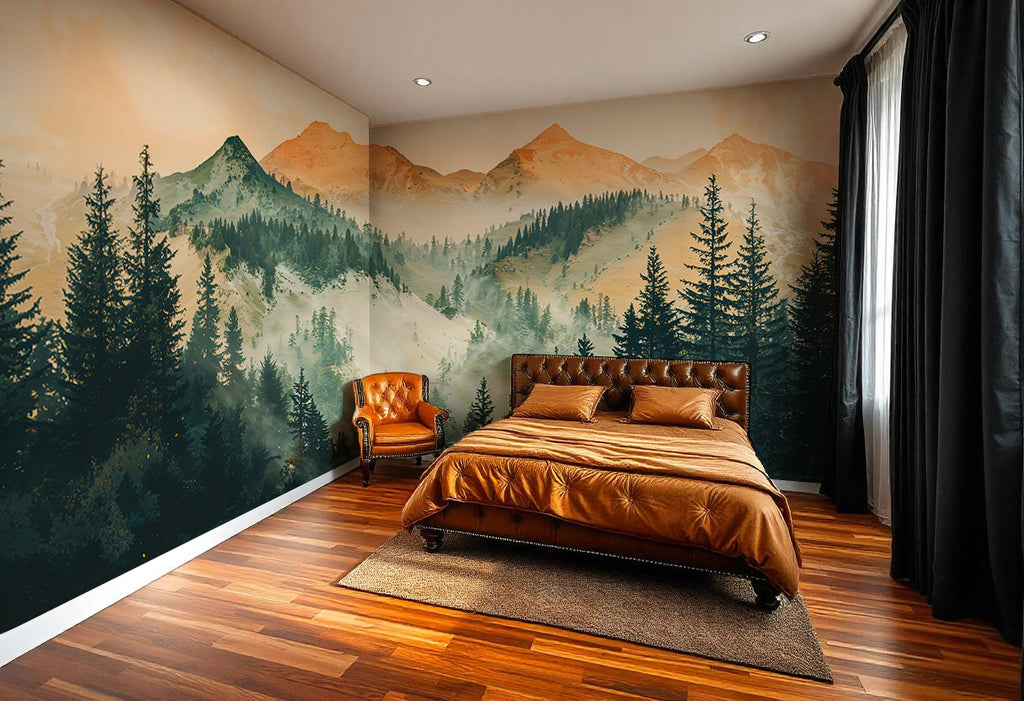 Mountain Forest Wallpaper Mural, Misty Pine Landscape Wall Mural for Bedroom