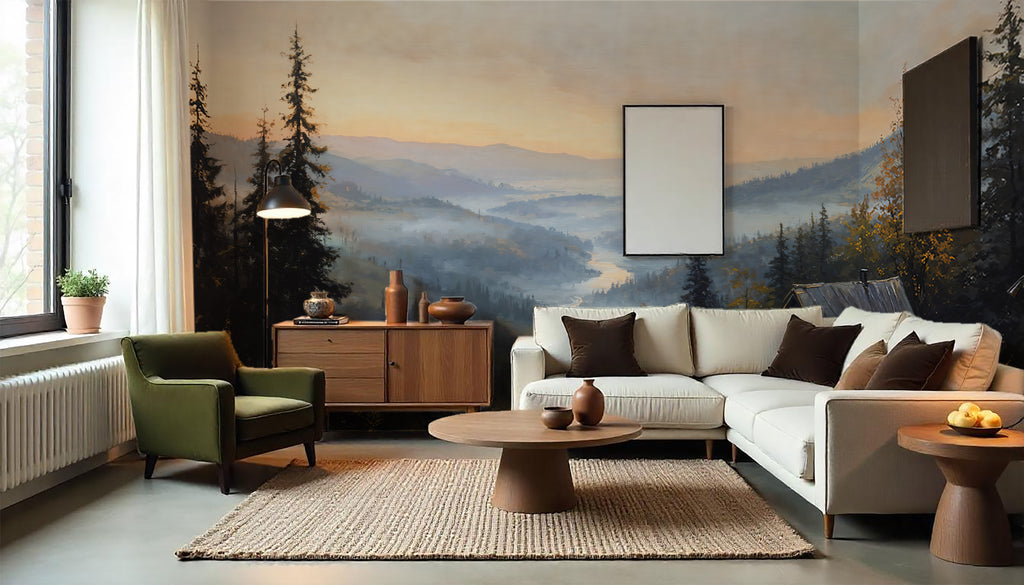 Misty Forest Landscape Wallpaper Mural, Scenic Nature Wall Mural for Cafe and Restaurant Interiors