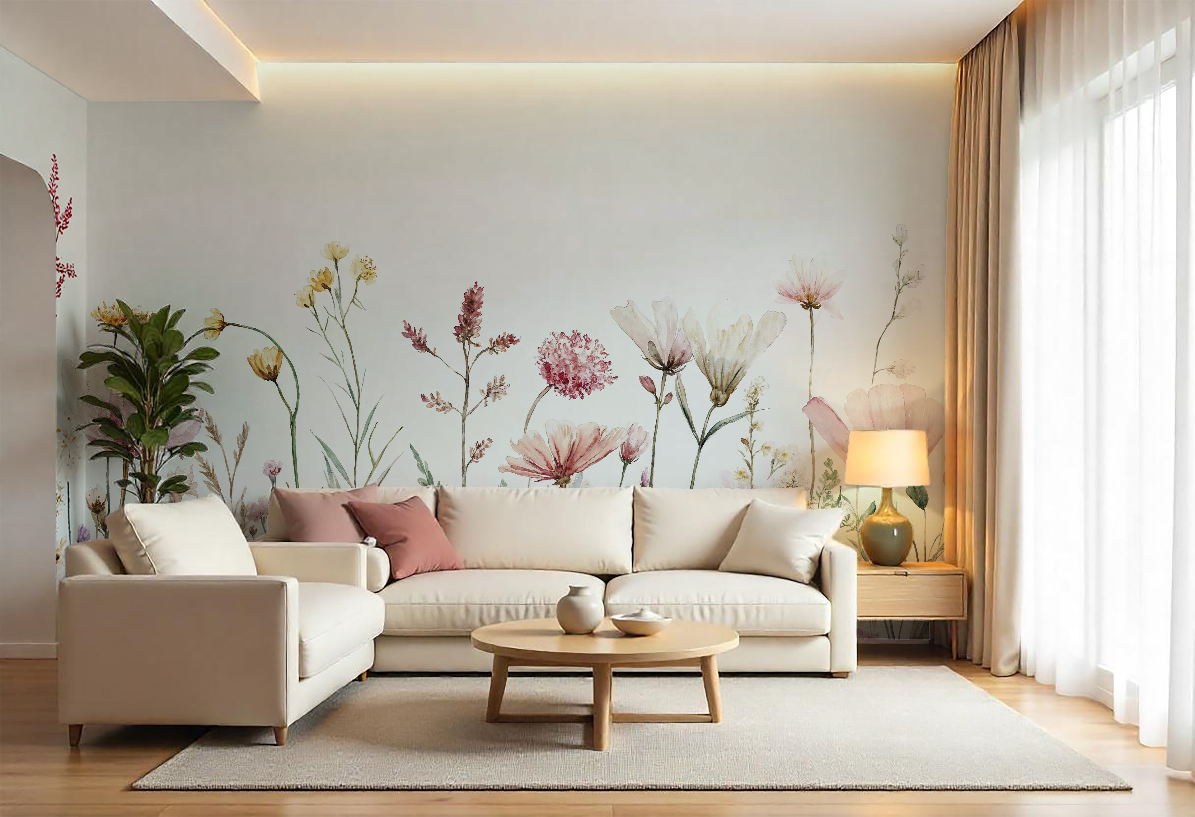 Soft Botanical Floral Wallpaper Mural, Minimal Pastel Flower Wall Mural for Living Room