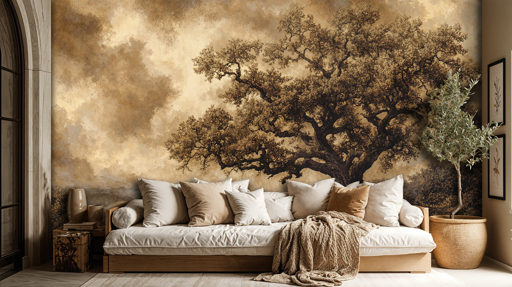 Vintage Tree Landscape Wallpaper, Earth Tone Scenic Wall Art, Moody Nature Wallpaper
