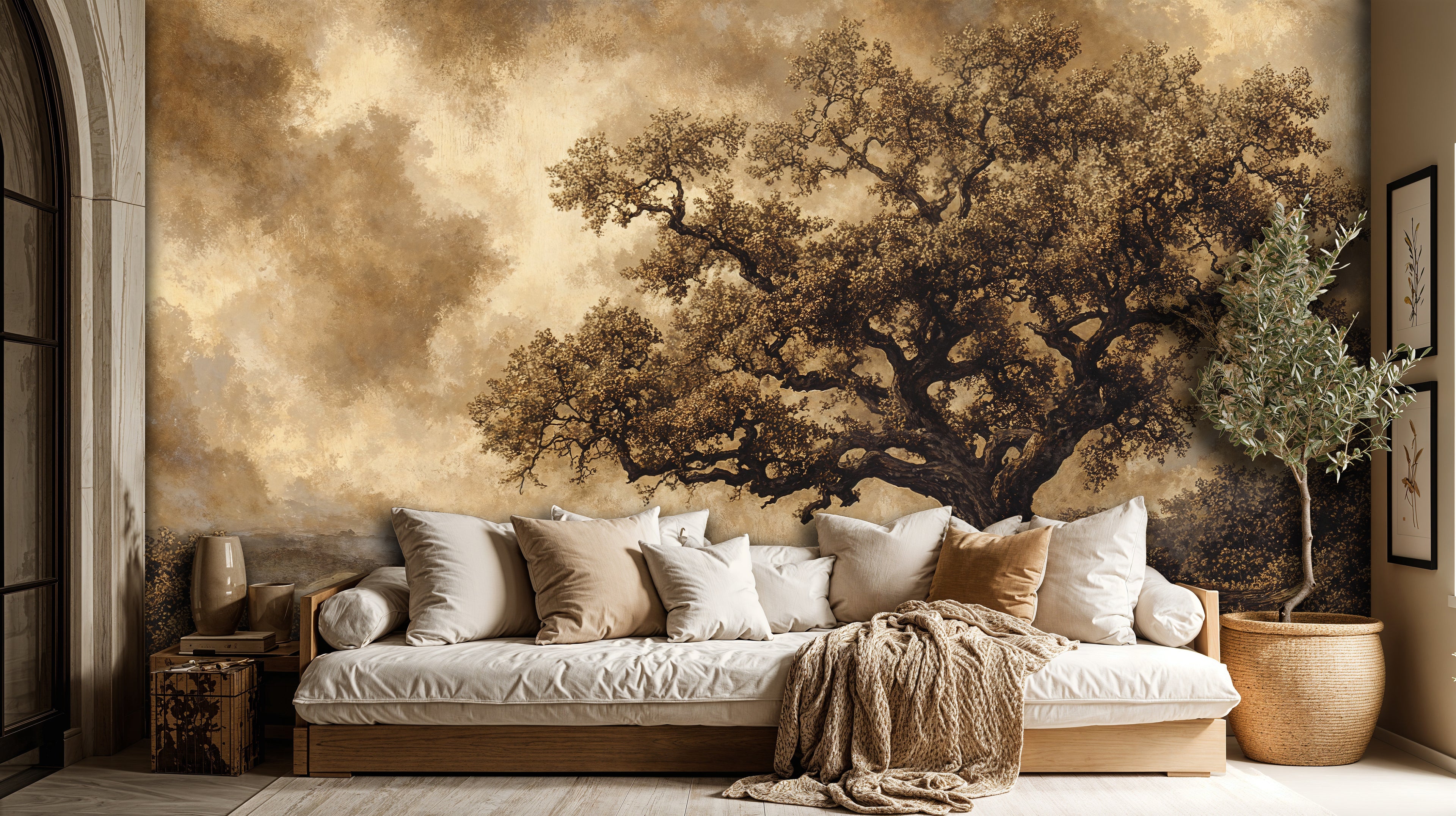 Vintage Tree Landscape Wallpaper, Earth Tone Scenic Wall Art, Moody Nature Wallpaper