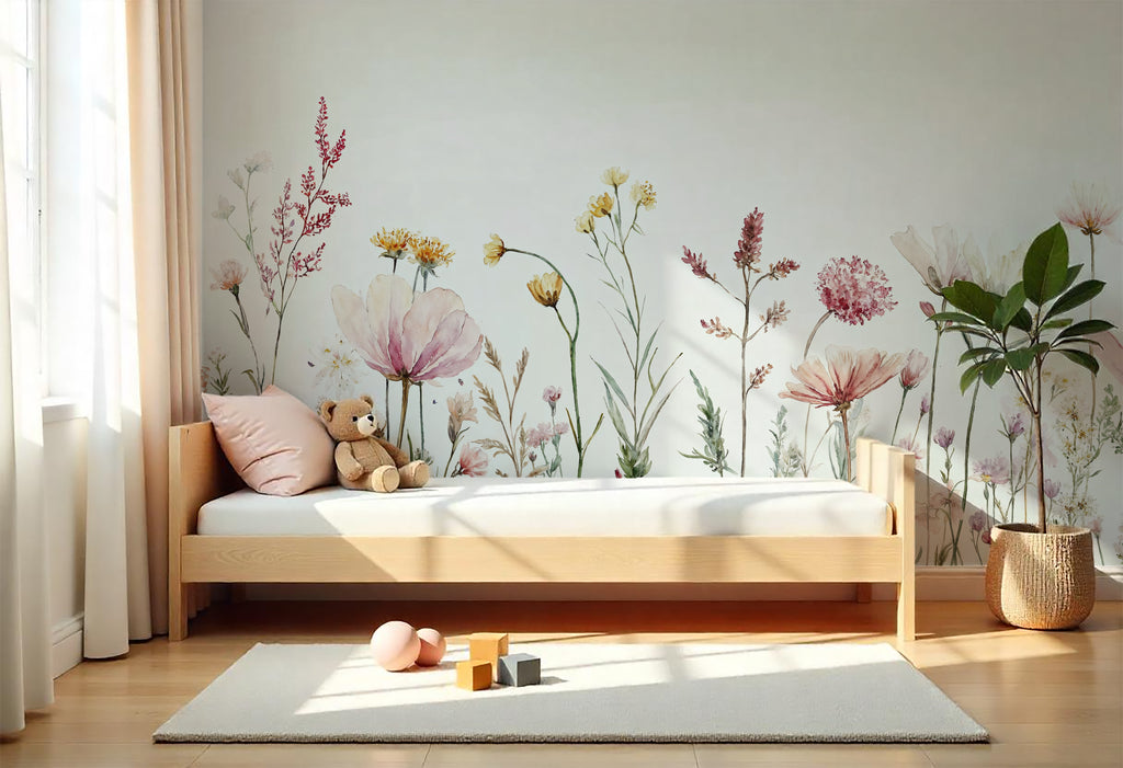 Soft Botanical Floral Wallpaper Mural, Minimal Pastel Flower Wall Mural for Living Room