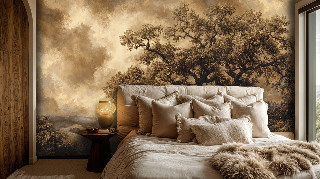Vintage Tree Landscape Wallpaper, Earth Tone Scenic Wall Art, Moody Nature Wallpaper