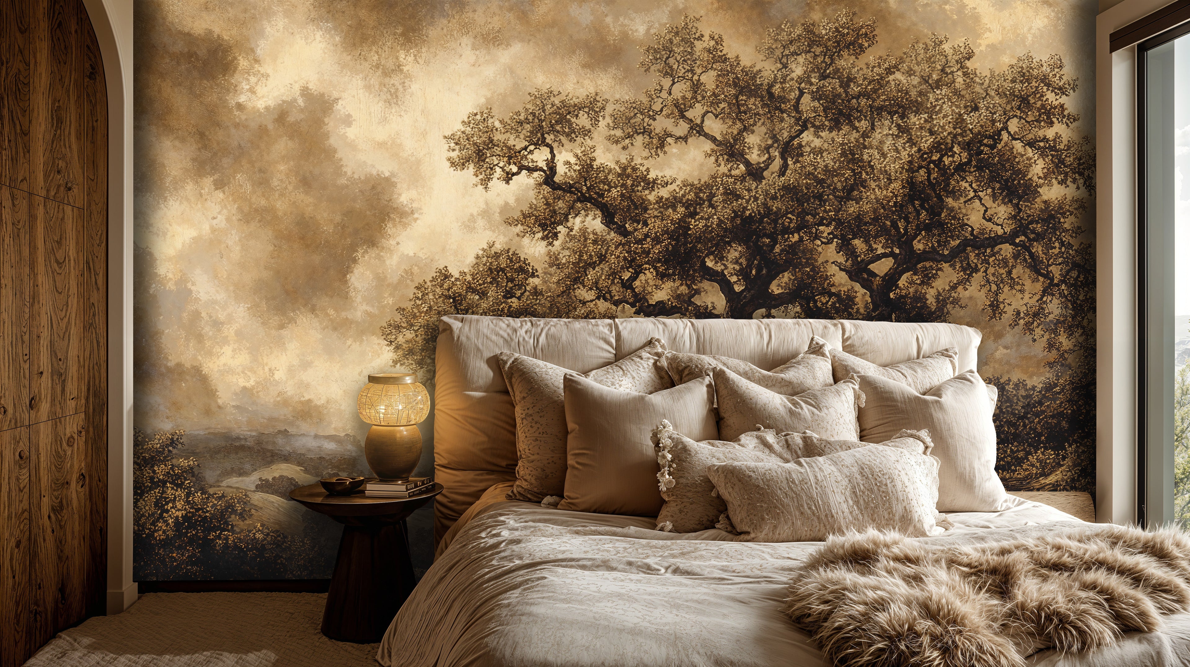 Vintage Tree Landscape Wallpaper, Earth Tone Scenic Wall Art, Moody Nature Wallpaper