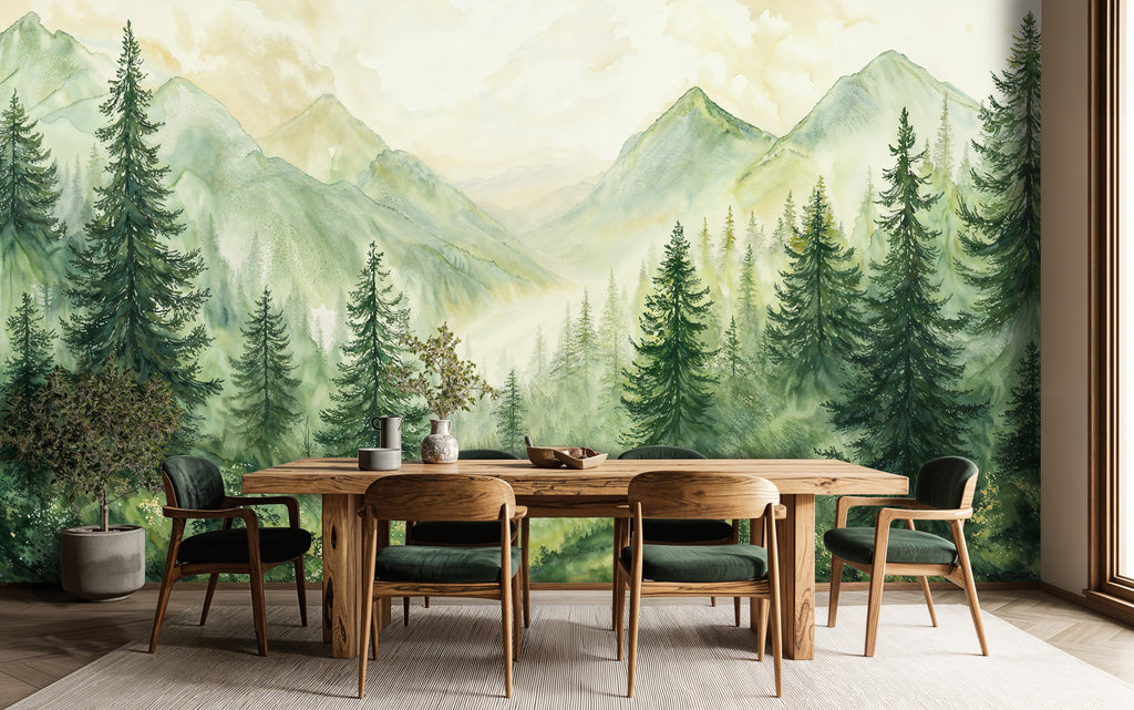 Mountain Forest Landscape Wallpaper, Green Nature Mural, Watercolor Scenic Wall Art