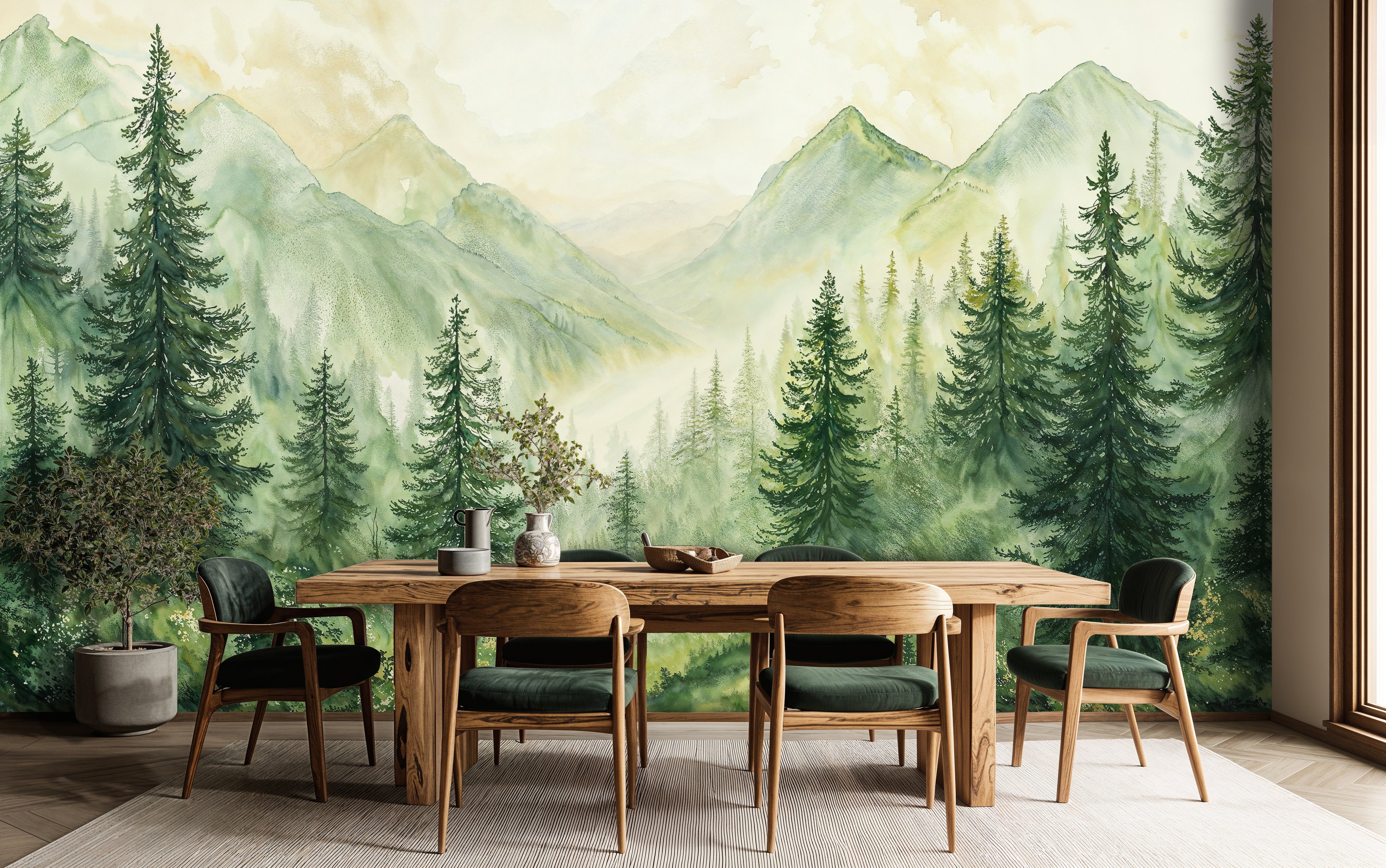 Mountain Forest Landscape Wallpaper, Green Nature Mural, Watercolor Scenic Wall Art
