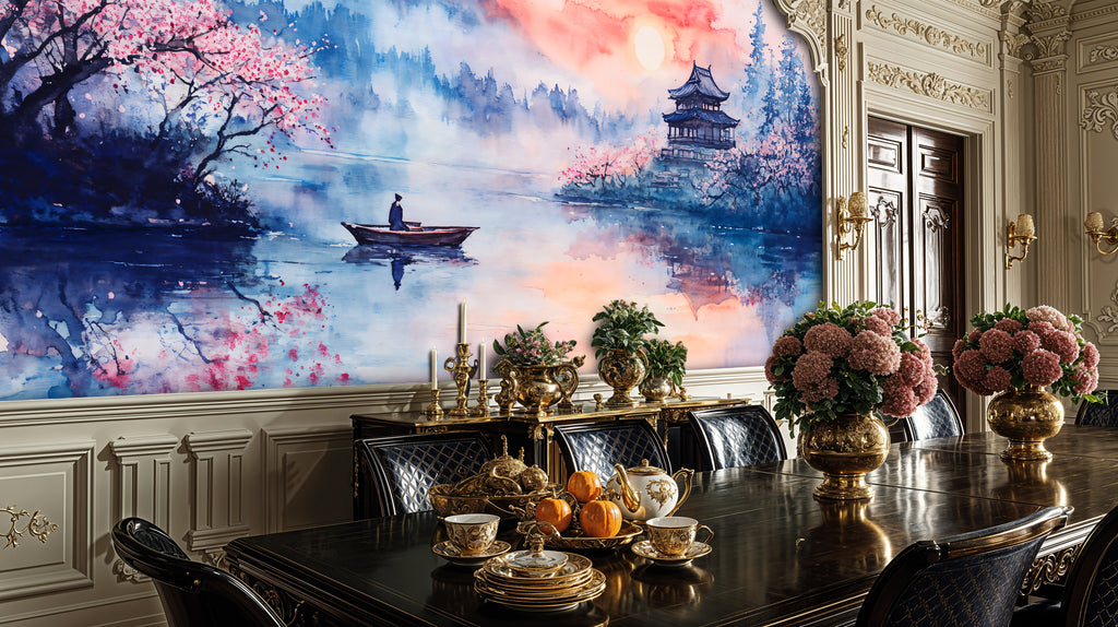 Asian Watercolor Landscape Wallpaper, Cherry Blossom Lake Mural, Serenity Wall Art