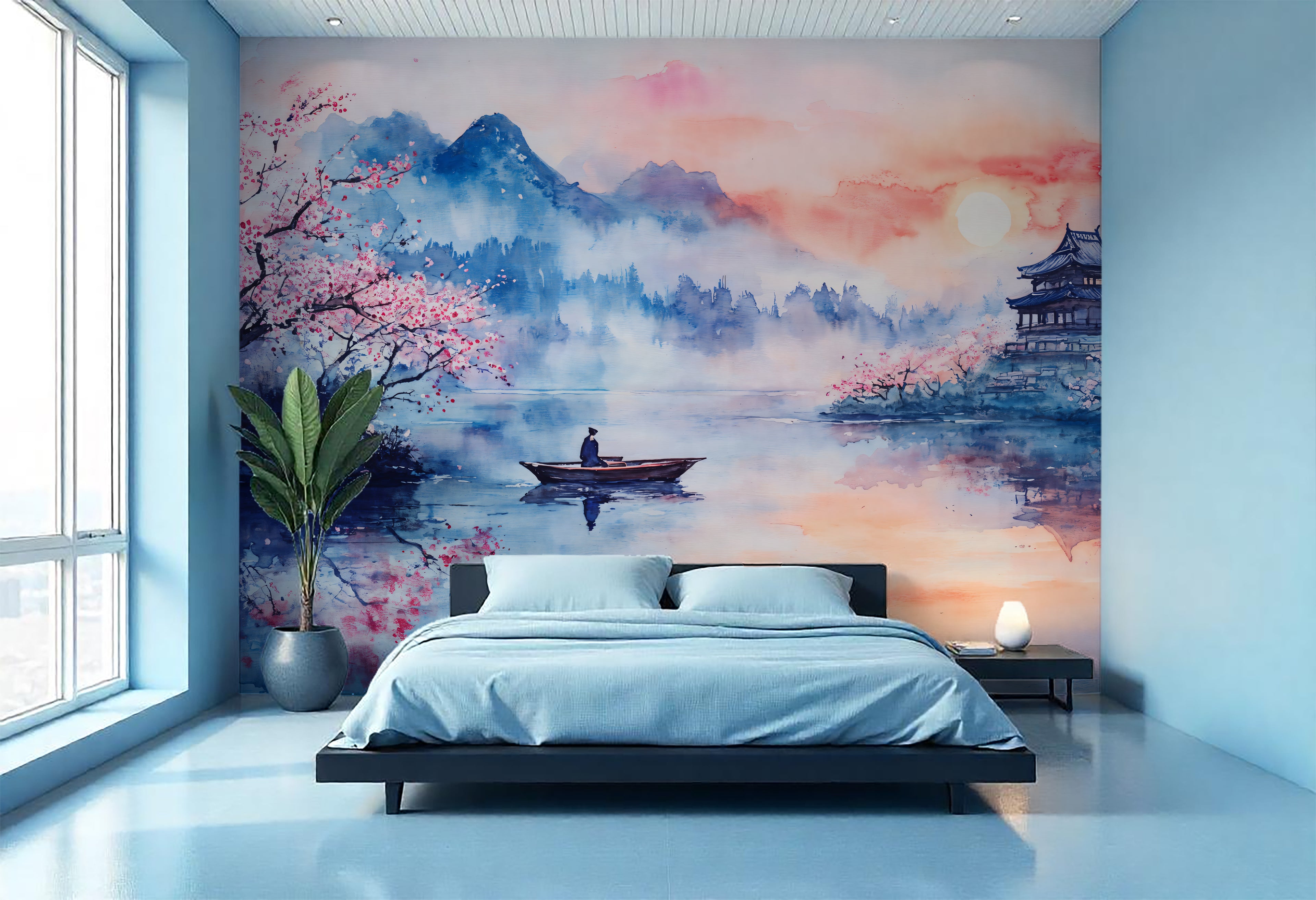 Asian Watercolor Landscape Wallpaper, Cherry Blossom Lake Mural, Serenity Wall Art