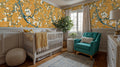 Yellow Chinoiserie Floral Wallpaper, Hand Painted Blossom Nursery Wall Mural