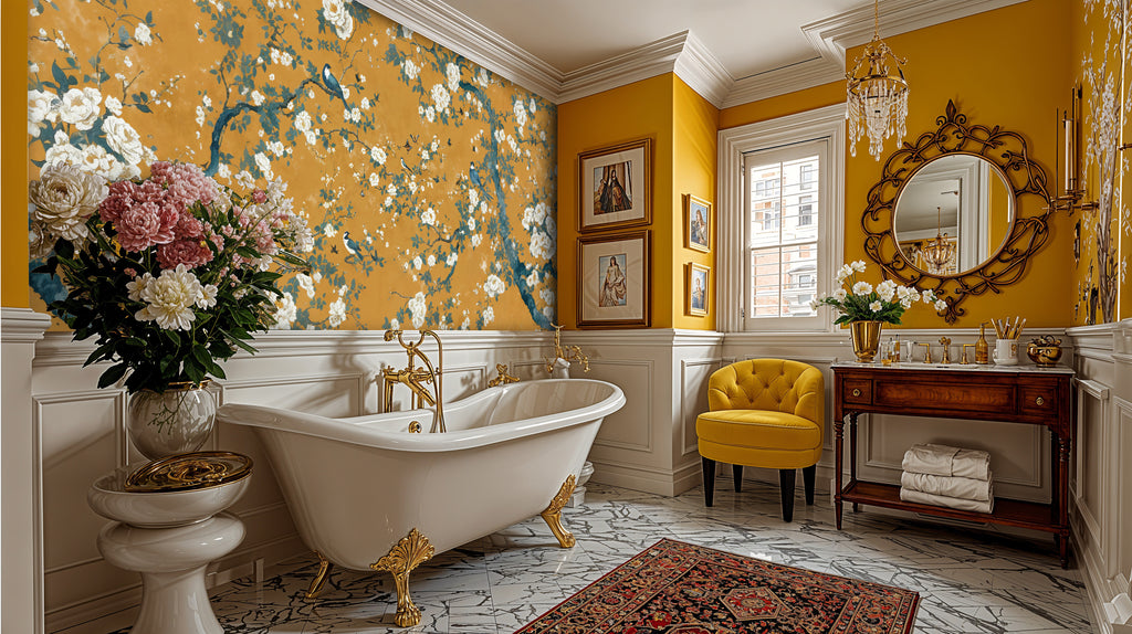 Yellow Chinoiserie Floral Wallpaper, Hand Painted Blossom Nursery Wall Mural