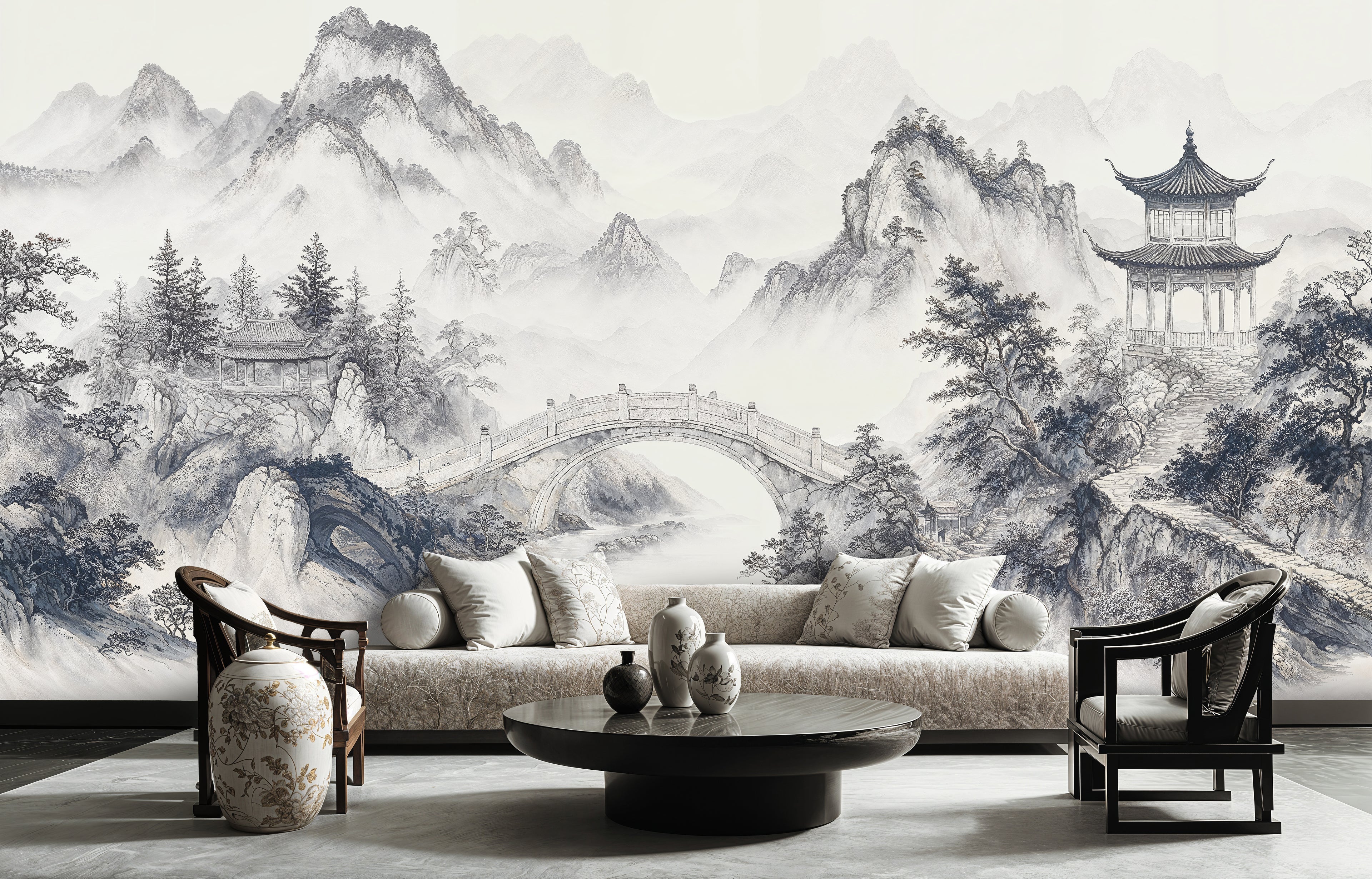Chinese Landscape Ink Wash Wallpaper, Oriental Mountain Bridge Wall Mural